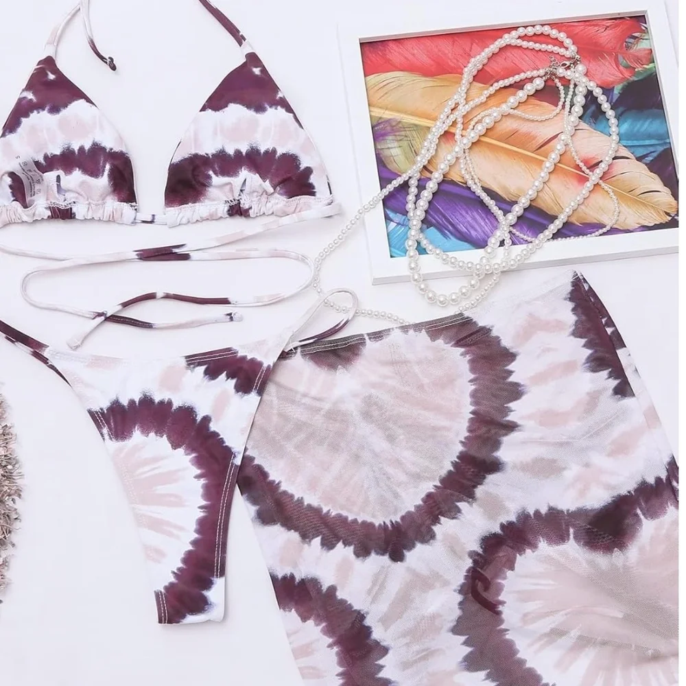 3pc Tie-Dye Purple Triangle Bikini Top & Ruched Skirt Set - Picture 2 of 2